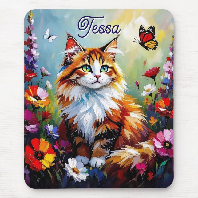Cute Whimsical  Cat, Flowers and Butterflies Mousepad (Vorne)