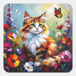 Cute Whimsical  Cat, Flowers and Butterflies Quadratischer Aufkleber