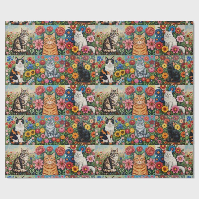 Cute Whimsical Cats and Folk Art Flowers Geschenkpapier (Flach)