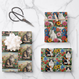 Cute Whimsical Cats and Folk Art Flowers Geschenkpapier Set