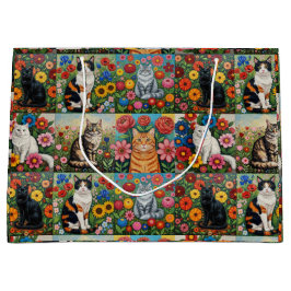 Cute Whimsical Cats and Folk Art Flowers Große Geschenktüte