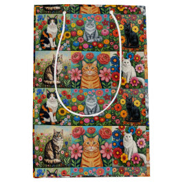 Cute Whimsical Cats and Folk Art Flowers Mittlere Geschenktüte