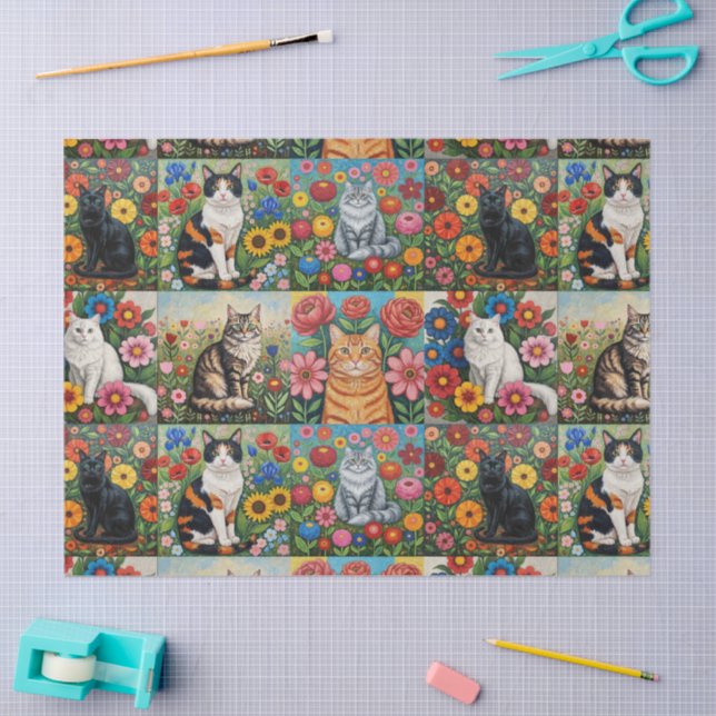 Cute Whimsical Cats and Folk Art Flowers Seidenpapier (Basteln)