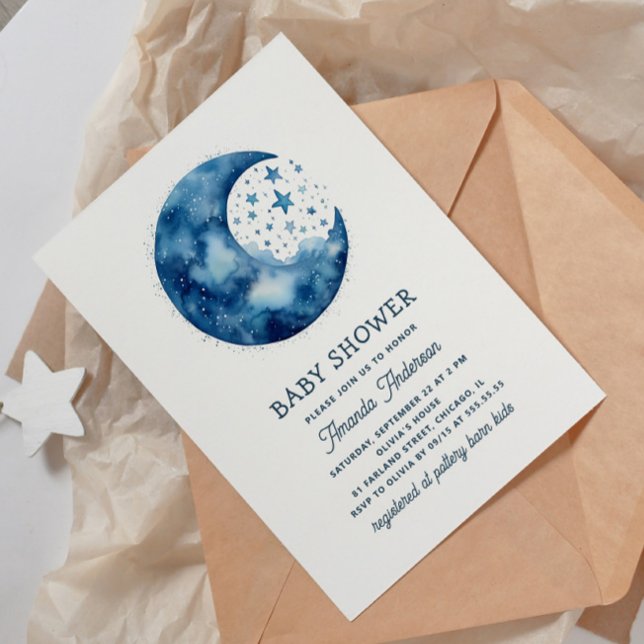 Cute whimsical celestial blue moon baby shower einladung (Von Creator hochgeladen)