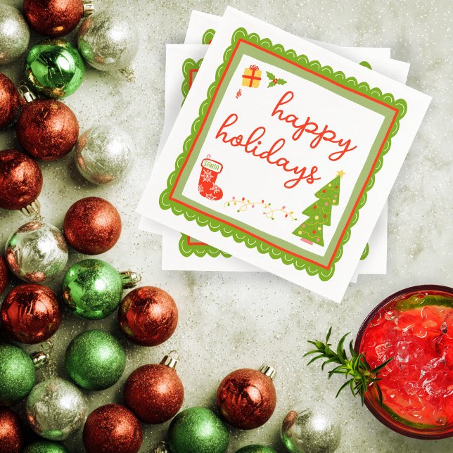 Cute Whimsical Christmas Icons HAPPY HOLIDAYS Serviette (Cute Whimsical Christmas Icons HAPPY HOLIDAYS Napkins
)