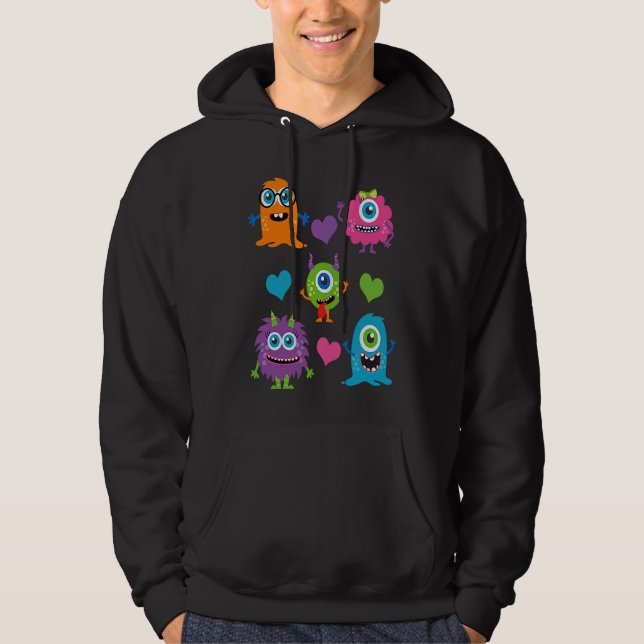 Cute Whimsical Colorful Little Monsters With Heart Hoodie (Vorderseite)