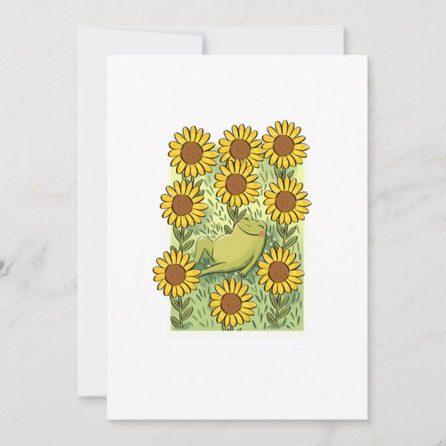 Cute Whimsical Frog And Sunflowers Illustration Einladung (Vorderseite)