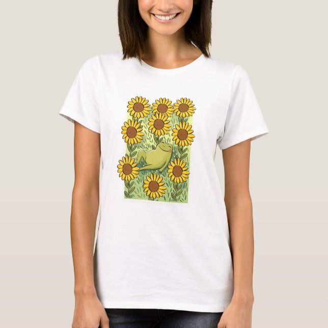 Cute Whimsical Frog And Sunflowers Illustration T-Shirt (Vorderseite)