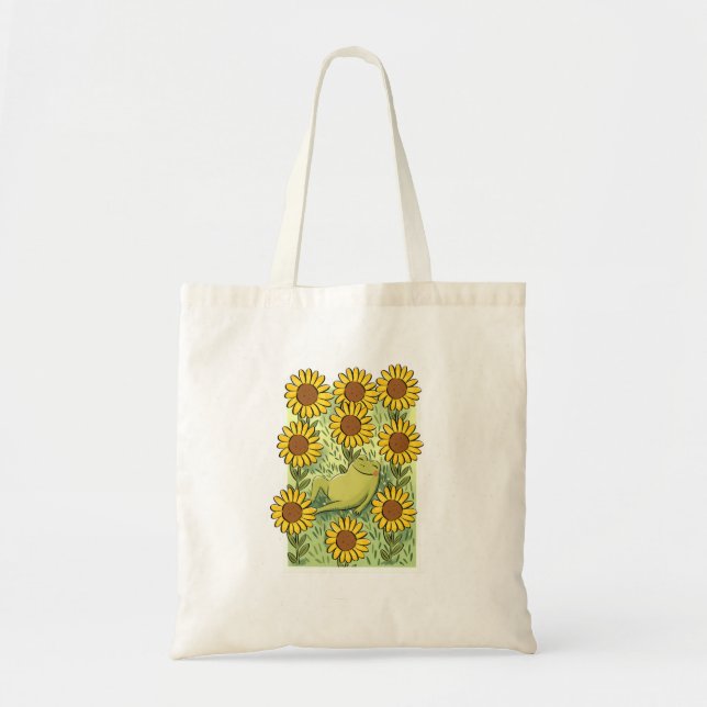 Cute Whimsical Frog And Sunflowers Illustration Tragetasche (Vorne)