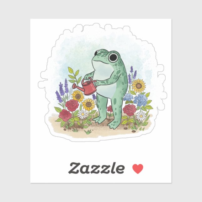 Cute Whimsical Frog In Flower Garden Illustration Aufkleber (Blatt)