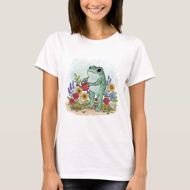 Cute Whimsical Frog In Flower Garden Illustration T-Shirt (Vorderseite)