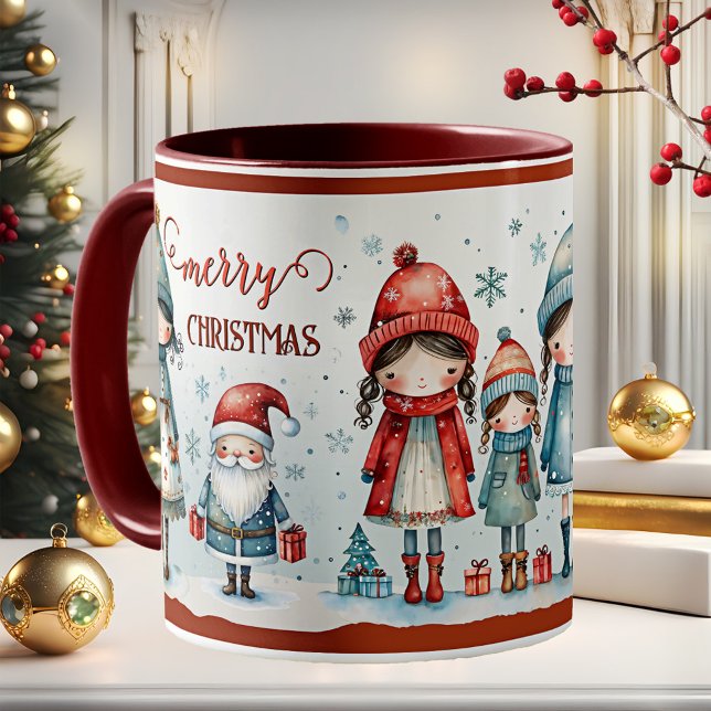 Cute Whimsical Girly Christmas Kaffeetasse (Christmas mug featuring a whimsical illustration of cute girls and Santa with gifts)