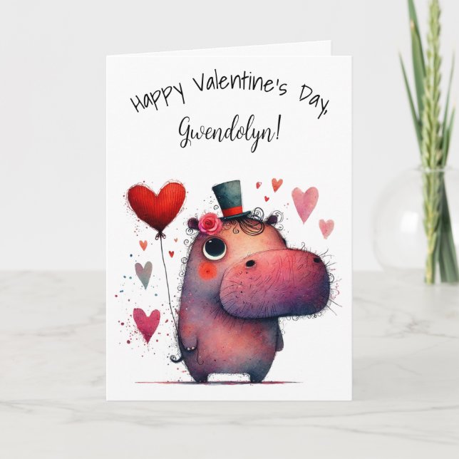 Cute Whimsical Hippo Happy Valentine's Day Karte (Vorderseite)