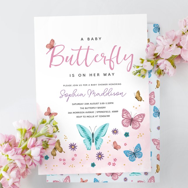 Cute Whimsical Pink Butterfly Girls Baby Shower Einladung (Von Creator hochgeladen)