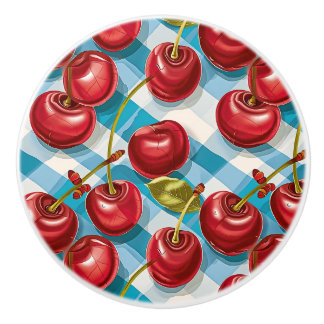 Cute Whimsical Retro Mid-Century Cherries & Plaid Keramikknauf