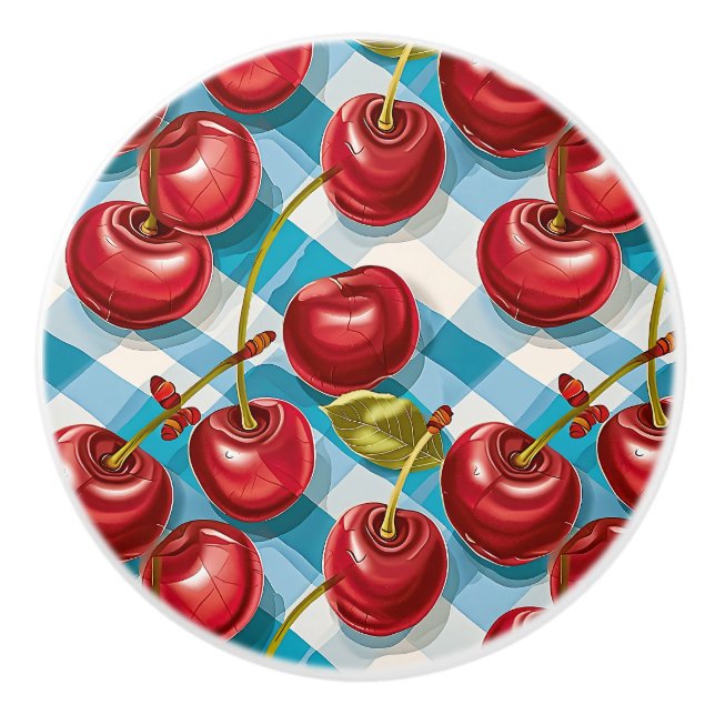 Cute Whimsical Retro Mid-Century Cherries & Plaid Keramikknauf (Vorderseite)