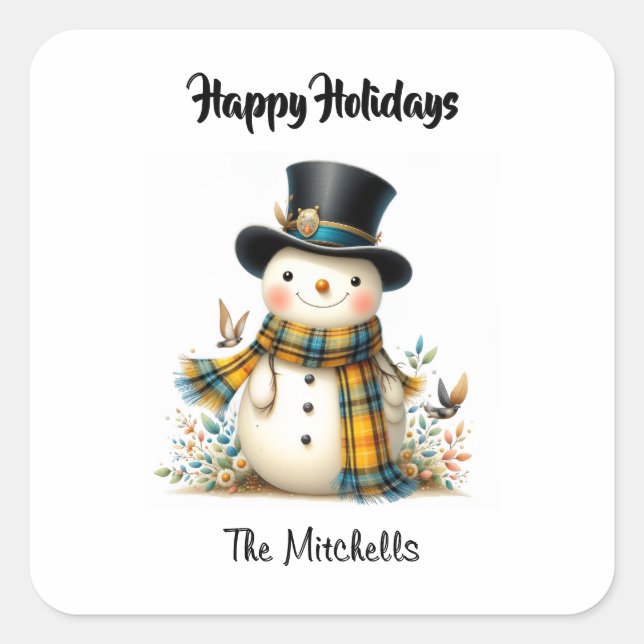 Cute Whimsical Snowman Square Sticker (Vorderseite)