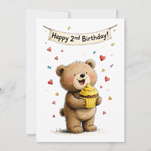 Cute Whimsical Teddy Bear Happy 2nd Birthday Flat Karte (Vorderseite)