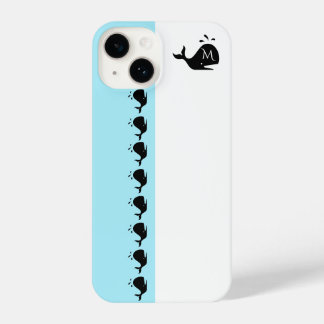 Cute White and Blue Custom Initial Black Whale iPhone 14 Hülle