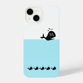 Cute White and Blue Custom Initial Black Whale iPhone 14 Hülle