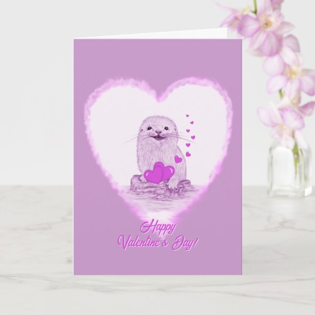 Cute White Baby Sea Otter , Happy Valentines Day Karte (Orchidee)