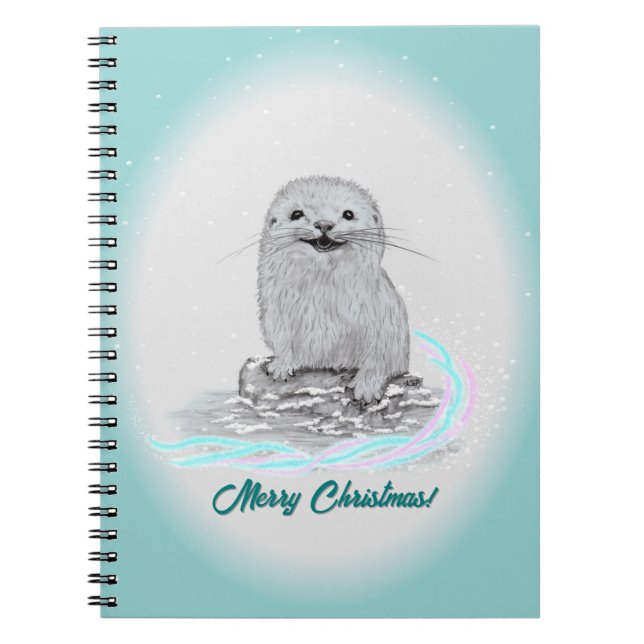 Cute White Baby Sea Otter , Merry Christmas Notizblock (Vorderseite)