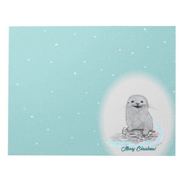 Cute White Baby Sea Otter , Merry Christmas Notizblock (Vorderseite)