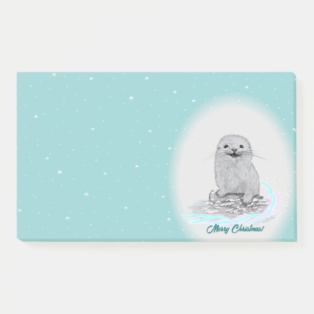 Cute White Baby Sea Otter , Merry Christmas Post-it Klebezettel (Vorderseite)