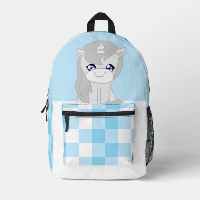 Cute White & Blue Unicorn Themed Backpack Bedruckter Rucksack (Vorderseite)