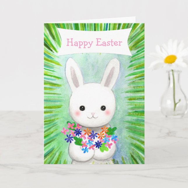 Cute White Bunny Rabbit Custom Text Happy Easter Karte (Kleine Pflanze)