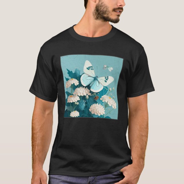 Cute White Butterfly Illustration Flowers Minimal  T-Shirt (Vorderseite)