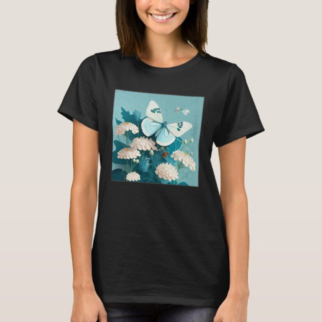 Cute White Butterfly Illustration Flowers Minimal  T-Shirt (Vorderseite)
