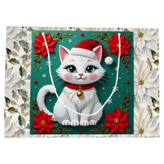 Cute White Cat and Poinsettia Christmas Große Geschenktüte (Rückseite)