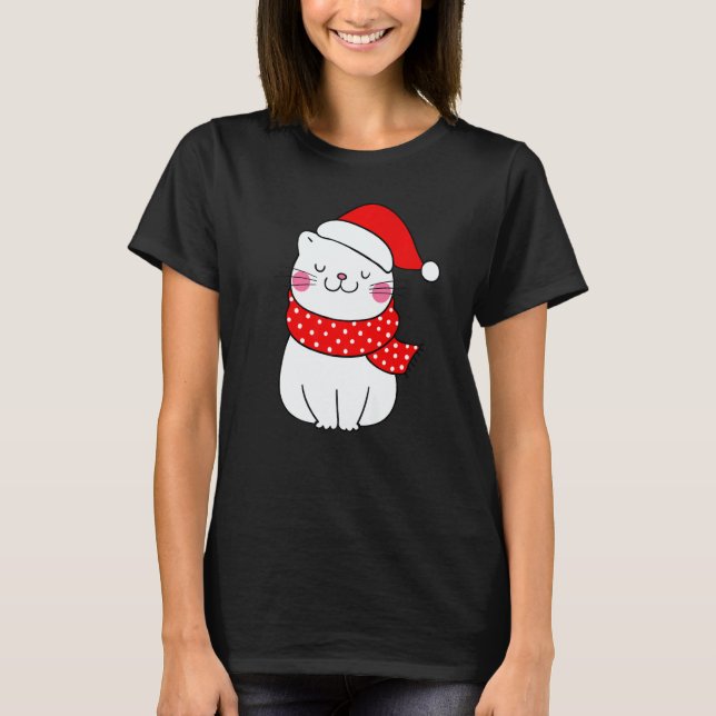 Cute White Cat Christmas Santa Hat Scarf  Cat T-Shirt (Vorderseite)