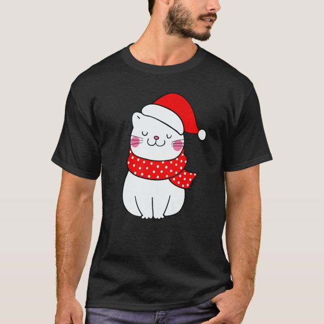 Cute White Cat Christmas Santa Hat Scarf  Cat T-Shirt (Vorderseite)