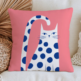 Cute White Cat in Blue Polka Dots Pastel Pink Kissen