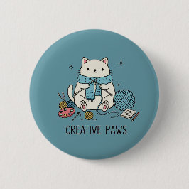 Cute White Cat Knitting Blue Yarn Hobbyist Design Button
