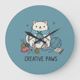 Cute White Cat Knitting Happy Hobbyist Room Decor Große Wanduhr