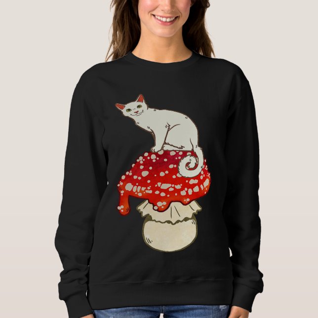 Cute White Cat Sitting on Red Spotted Mushroom Sweatshirt (Vorderseite)