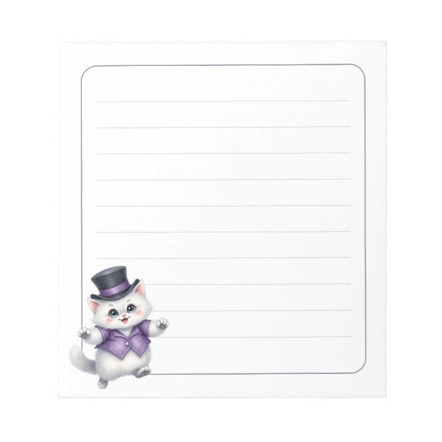 Cute White Cat Top Hat Whimsical Lined Notizblock (Vorderseite)