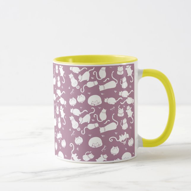Cute White Cats Pattern on Mauve Background Tasse (Rechts)