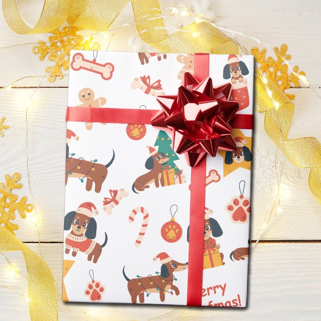 Cute White Christmas Dachshund Merry Woofmas Geschenkpapier (Cute festive Dachshund wrapping paper in white, perfect for Dachshund dog lovers and the pups too!)