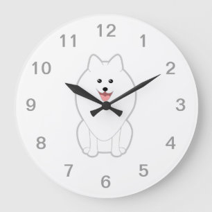 Cute White Dog. Spitz or Pomeranian. Große Wanduhr