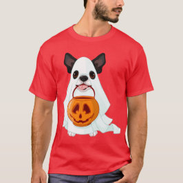 Cute White Halloween Ghost Dog With Pumpkin Pail T-Shirt
