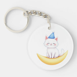 Cute White Kitten on Moon Acrylic Keychain Schlüsselanhänger