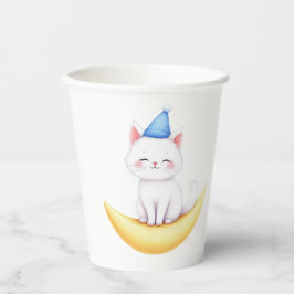 Cute White Kitten on Moon Paper cup Pappbecher