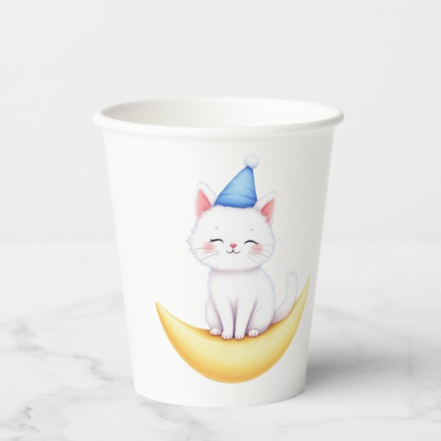 Cute White Kitten on Moon Paper cup Pappbecher (Vorderseite)