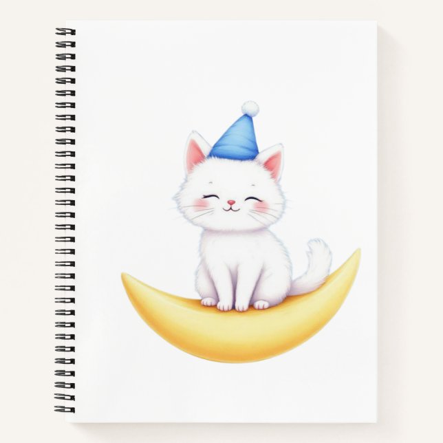 Cute White Kitten on Moon Spiral Notebook Notizbuch (Vorderseite)