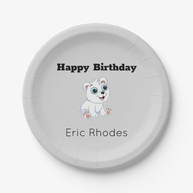 Cute white polar bear on gray birthday pappteller (Vorderseite)