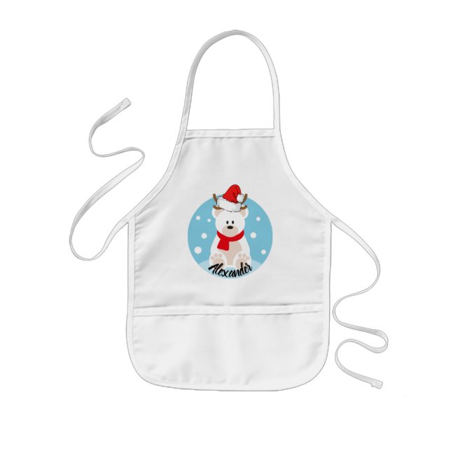 Cute White Polar Bear Red Santa Hat & Scarf Name Kinderschürze (Vorne)